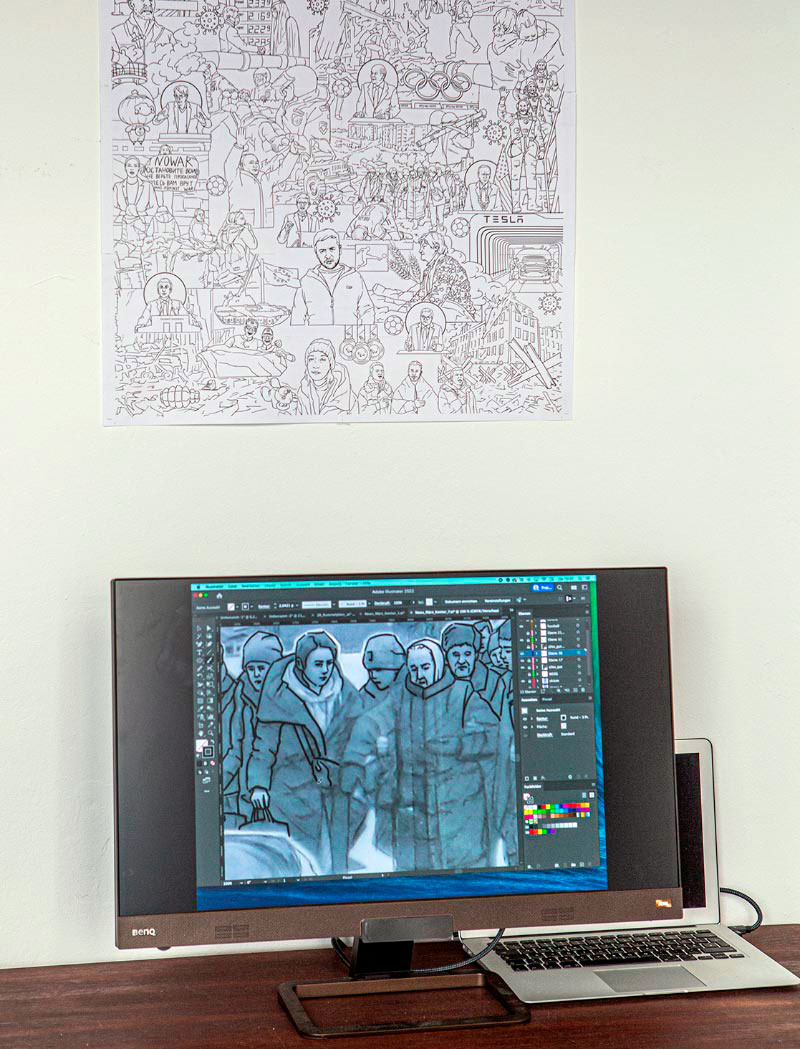 Bildschirmpräsentation der Entstehung einer Illustration